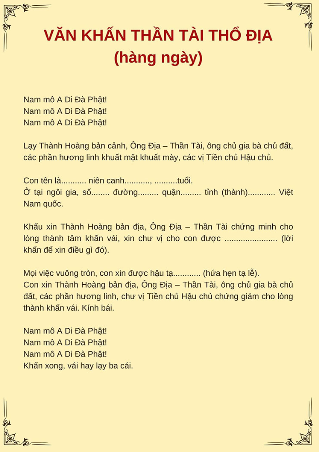 Bài khấn chuyển bàn thờ Thần Tài Thổ Địa sang vị trí mới